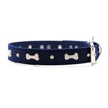 Load image into Gallery viewer, VP Pets Designer Diamond and Bone Leatherette Collar - Navy Blue - Vanderpump Pets
