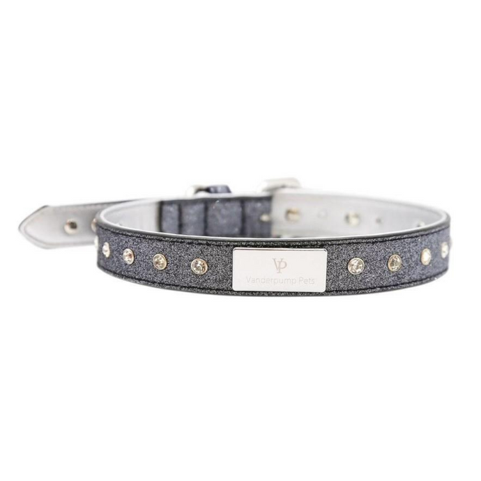 VP Pets Signature Diamond Name Plate Leatherette Collar – Silver - Vanderpump Pets